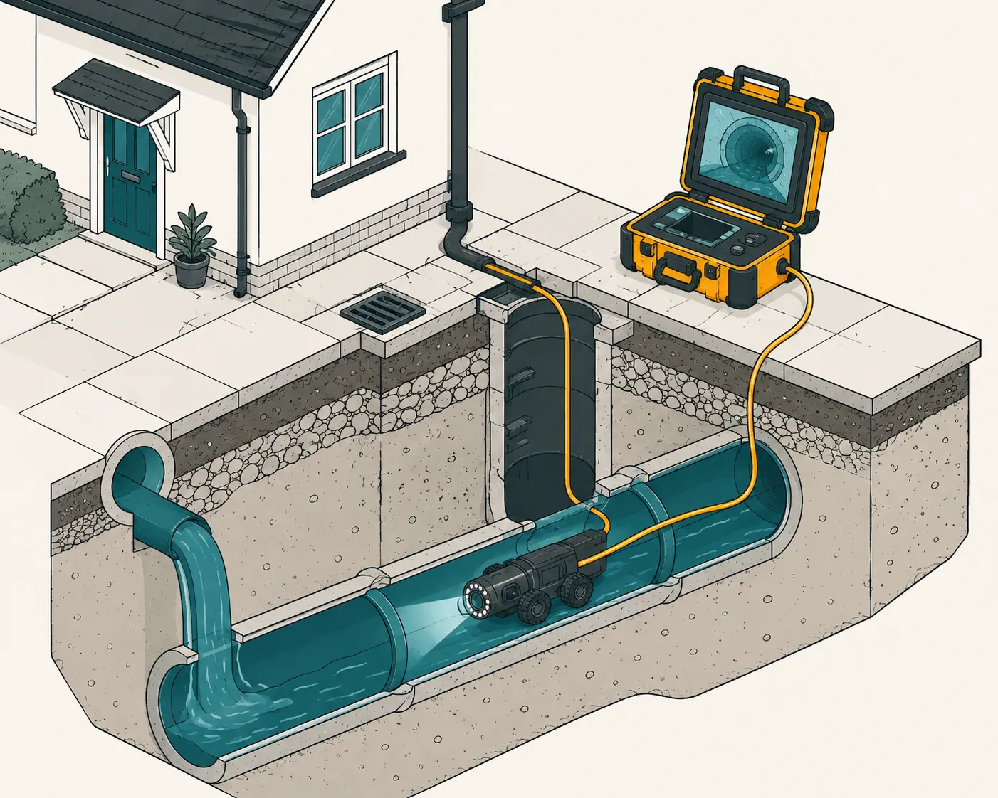 Cutaway illustration of a CCTV survey crawler camera inside a drain, with the live monitor on the surface above.