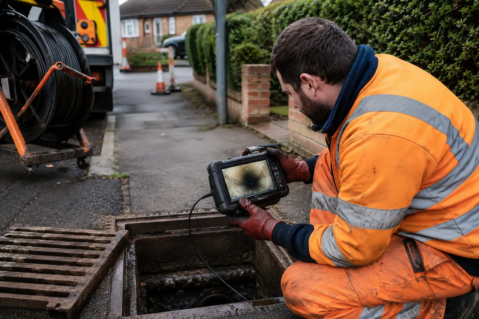 Engineer using a CCTV monitor to inspect a drain