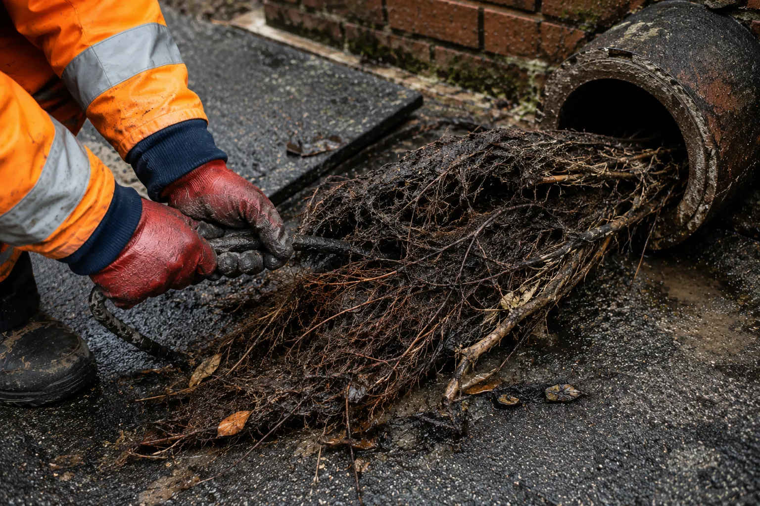 Engineer removing tree root mass from a broken clay drain pipe